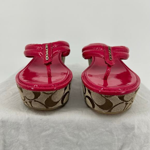 VTG y2k Women's Pink Khaki COACH Nella Signature Monogram Wedge Sandals 7.5M - Picture 3 of 8
